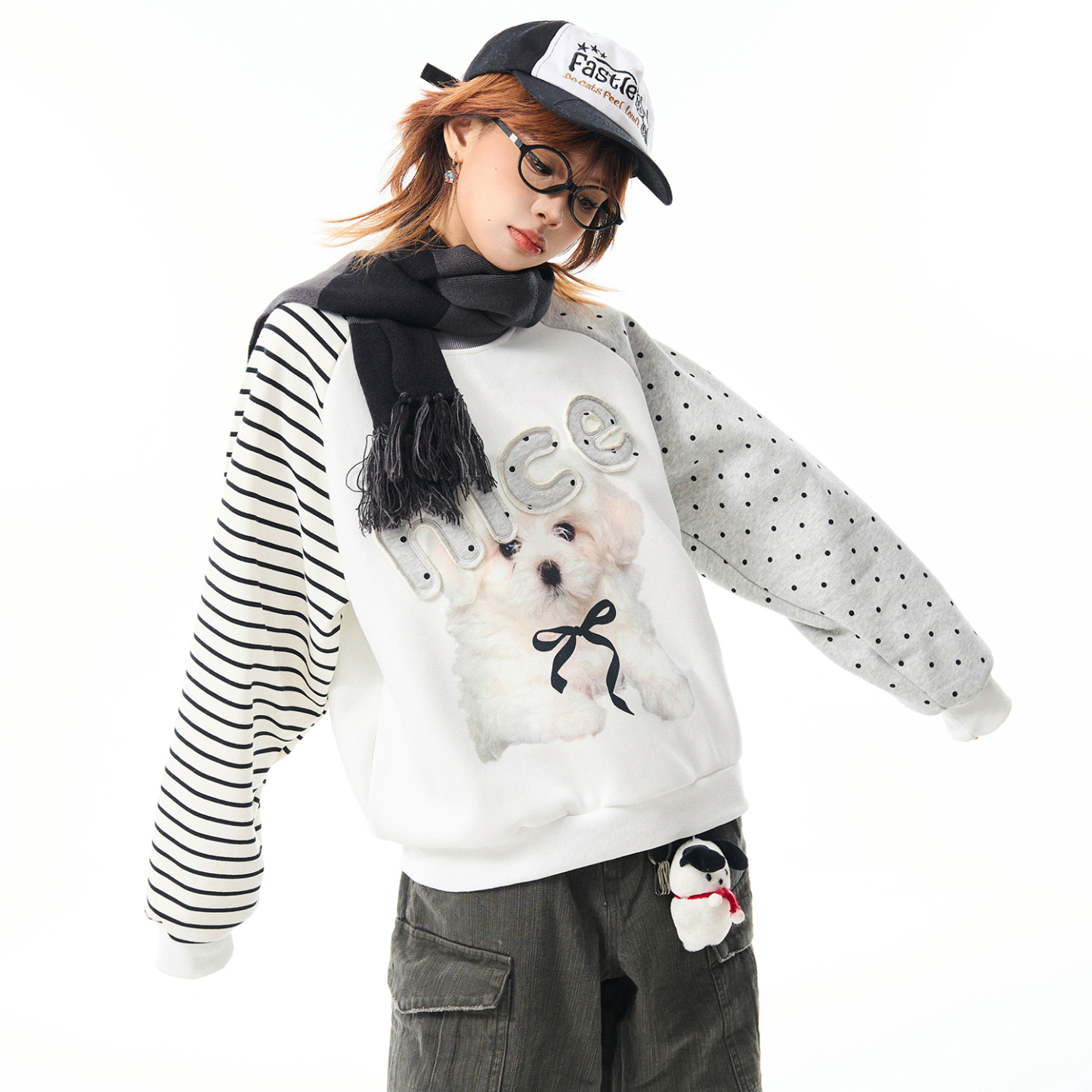 美式小狗印花拼接加絨衛衣女秋冬休閒百搭加厚圓領套頭上衣