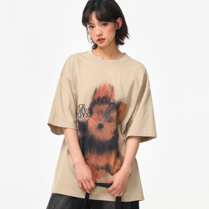 美式復古手繪小狗印花短袖T恤女夏季寬鬆百搭圓領上衣