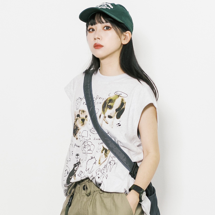 美式復古卡通印花短袖T恤女夏季寬鬆休閒百搭無袖上衣打底