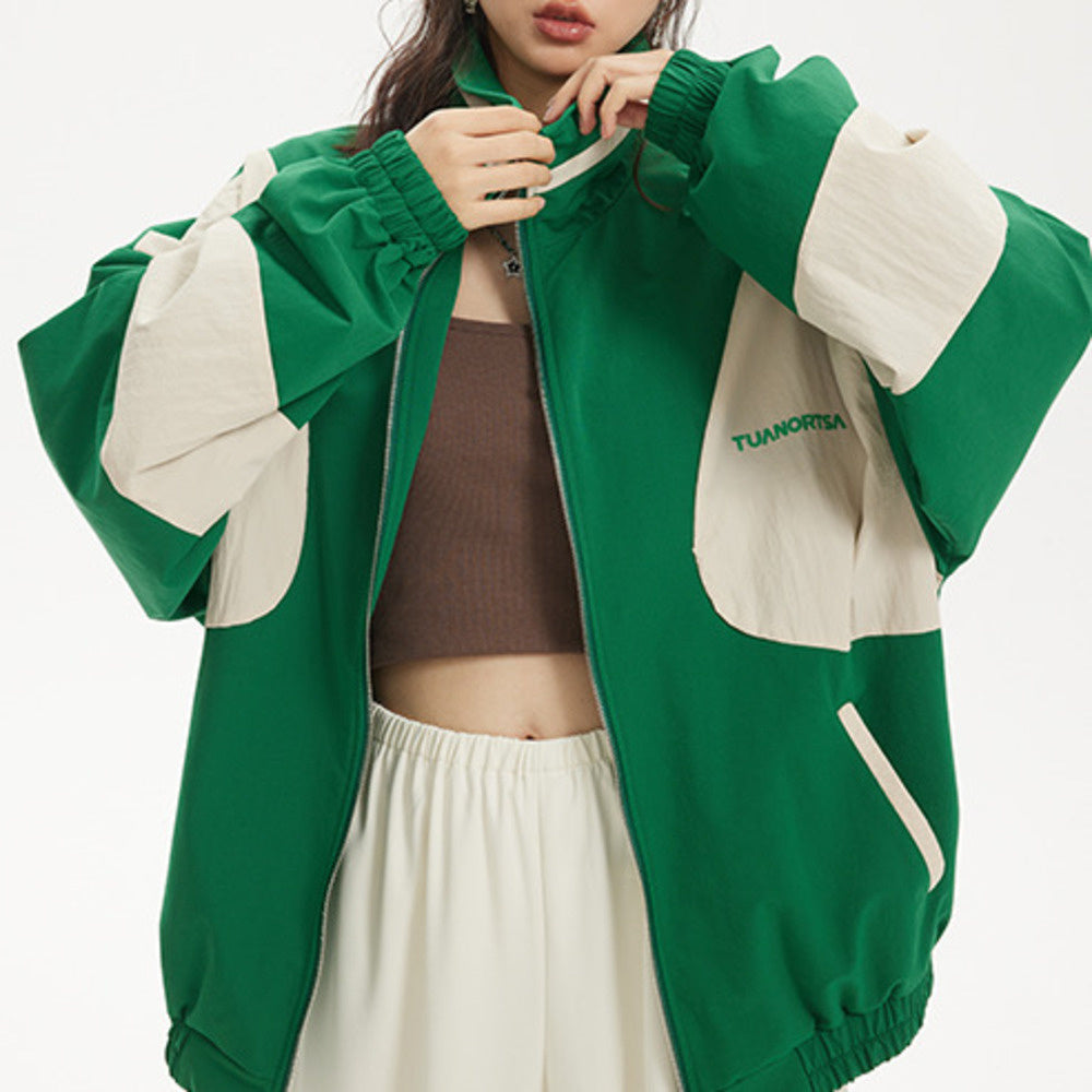 美式復古撞色拉鍊休閒收腰運動外套夾克女春秋