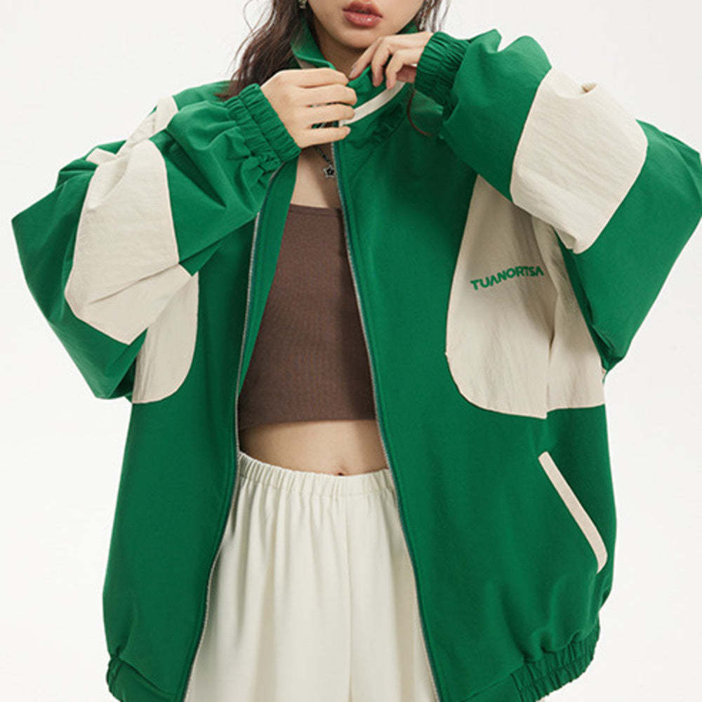 美式復古撞色拉鍊休閒收腰運動外套夾克女春秋