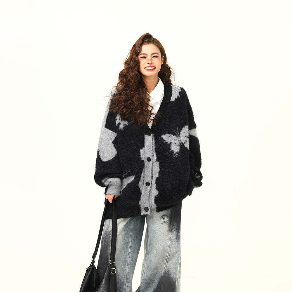 美式復古設計感蝴蝶針織開衫毛衣女秋冬慵懶寬鬆外套