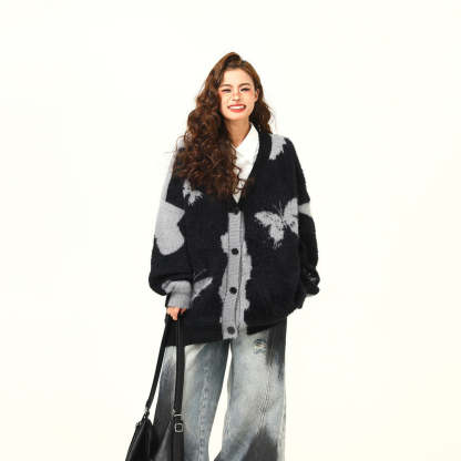 美式復古設計感蝴蝶針織開衫毛衣女秋冬慵懶寬鬆外套