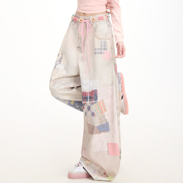 復古拼圖印花牛仔褲女亞文化穿搭彎刀闊腿褲街頭休閒褲