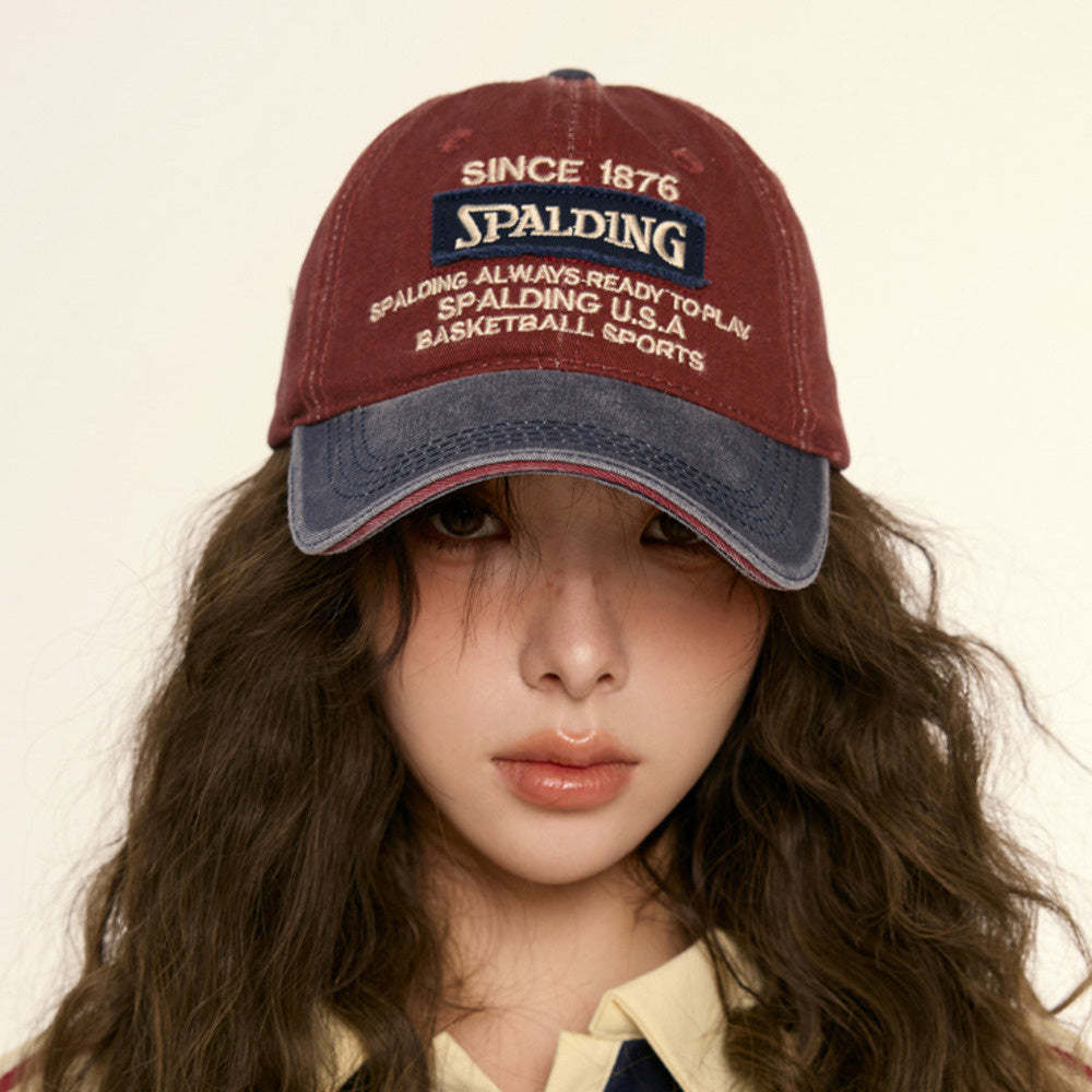 美式復古水洗做舊紅色鴨舌帽子女拼色字母軟頂休閒街頭棒球帽