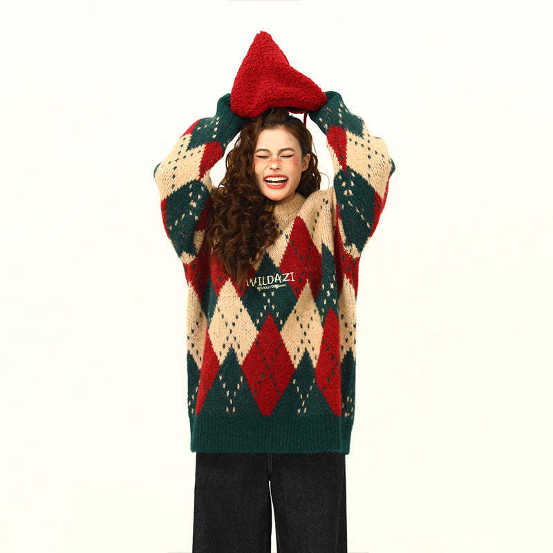 冬季復古氛圍感聖誕毛衣女寬鬆慵懶風針織衫上衣