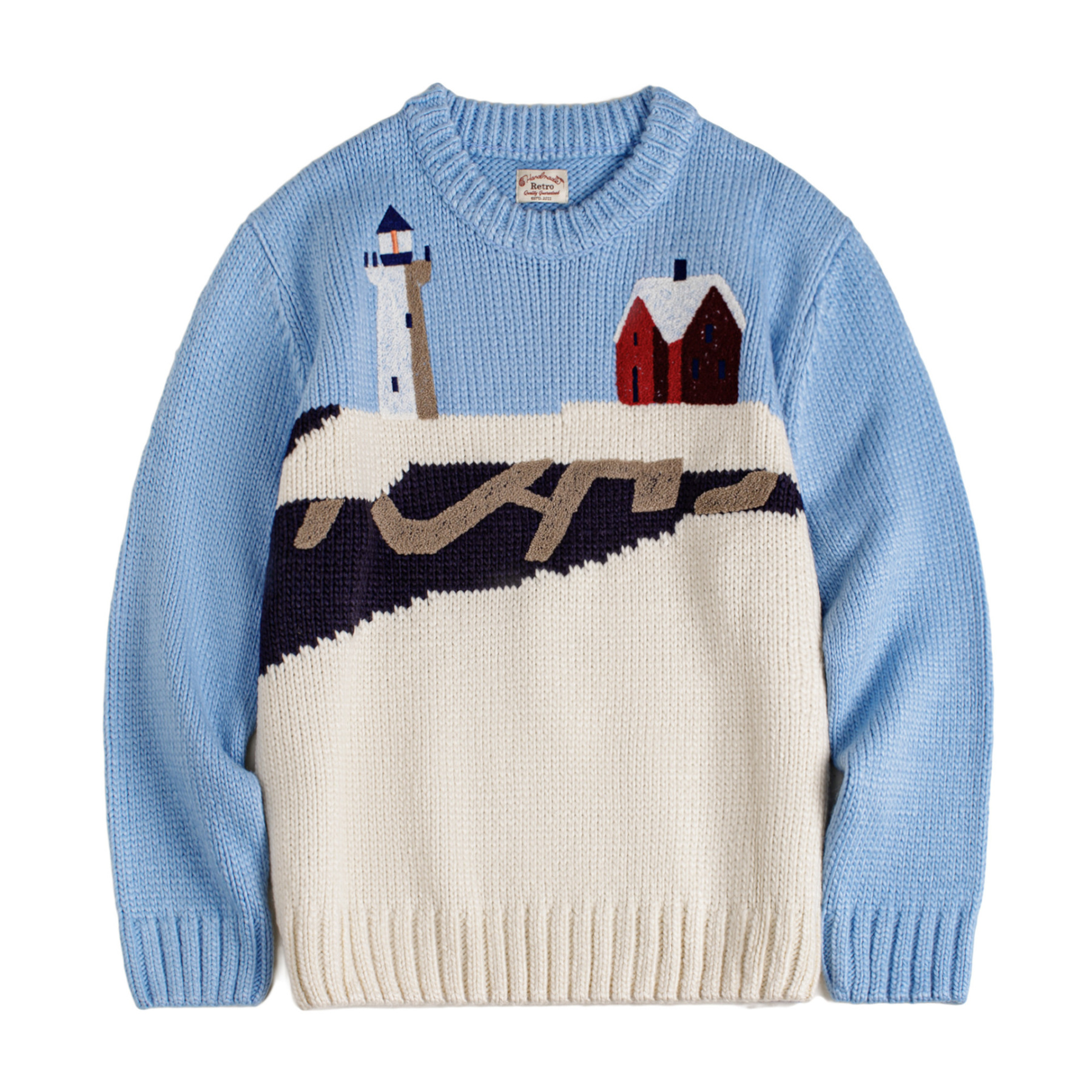 復古圓領寬鬆加厚針織提花毛衣休閒保暖外穿粗毛線上衣秋冬女