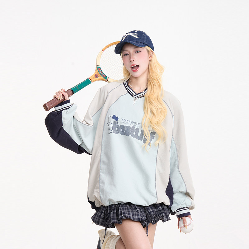 美式撞色運動風長袖衛衣女秋季復古慵懶風速幹寬鬆上衣