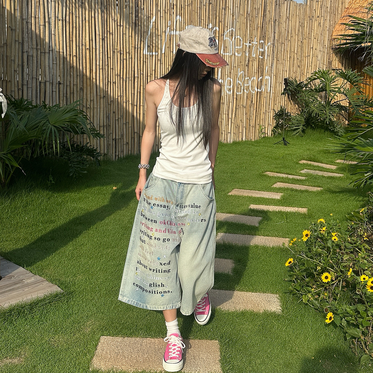 美式復古字母刺繡牛仔七分褲女夏季水洗做舊闊腿寬鬆短褲