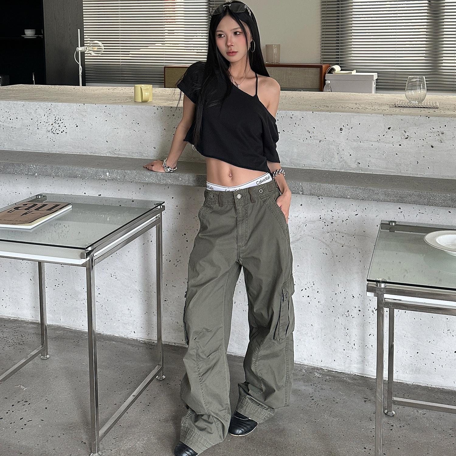 美式街頭解構工裝闊腿褲女夏季潮牌百搭高街褲子