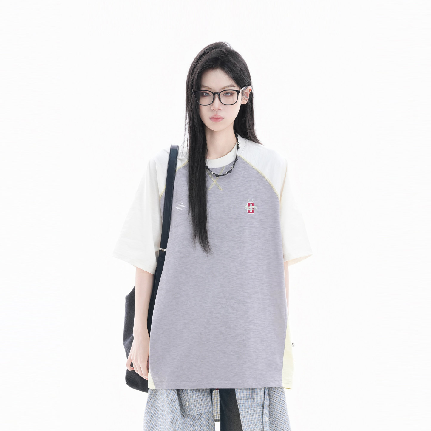 美式鬆弛感純棉半袖T恤女復古刺繡撞色插肩短袖
