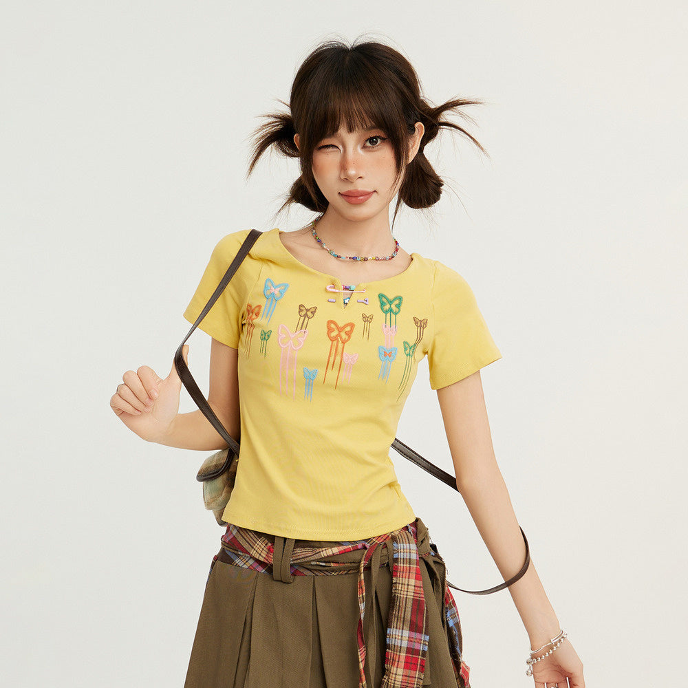 多巴胺黃色蝴蝶短袖t恤女夏夏季修身新款正肩顯瘦v領短款上衣