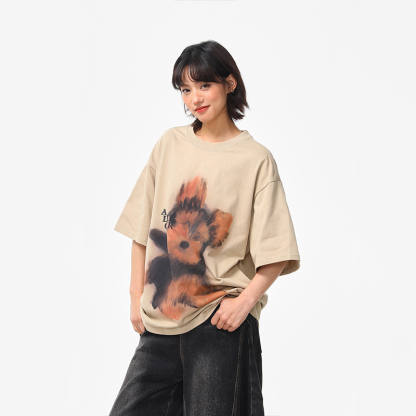 美式復古手繪小狗印花短袖T恤女夏季寬鬆百搭圓領上衣