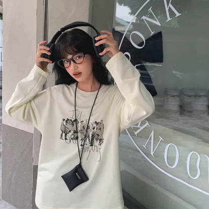 日系復古印花繡花寬鬆長袖t恤女秋新款寬鬆顯瘦純棉上衣