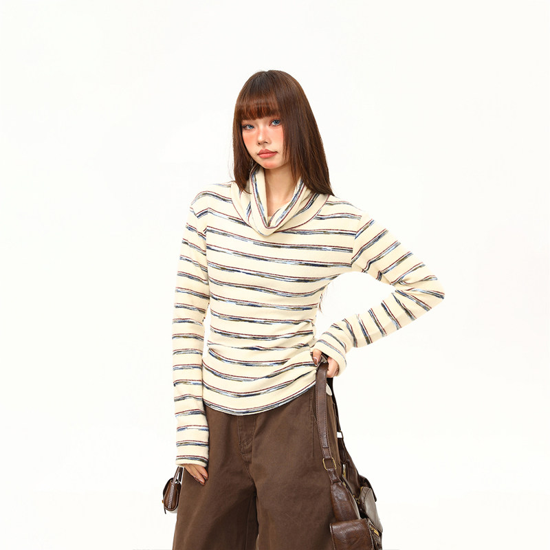 秋冬條紋打底衫女軟糯修身長袖T恤女緊身內搭氛圍感高領