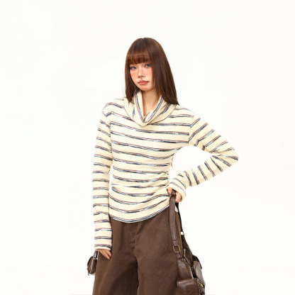 秋冬條紋打底衫女軟糯修身長袖T恤女緊身內搭氛圍感高領