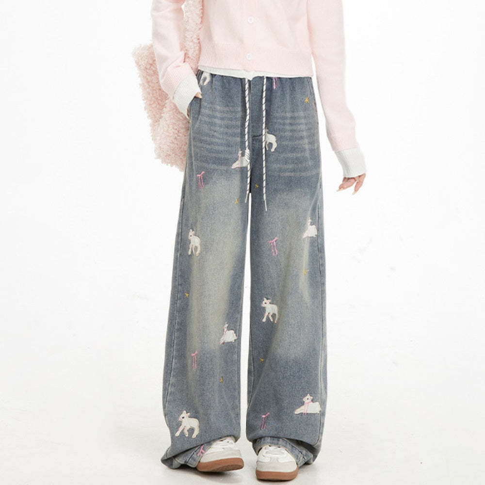 牛仔褲女春秋趣味小羊刺繡美式復古直筒褲子顯瘦闊腿長褲
