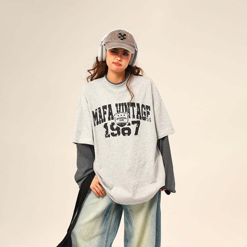 美式復古假兩件長袖衛衣女字母印花百搭上衣