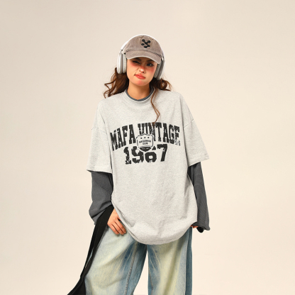 美式復古假兩件長袖衛衣女字母印花百搭上衣