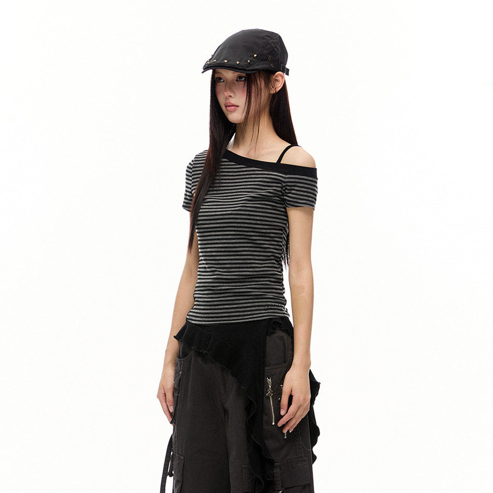 美式漏肩條紋短袖T恤女2025年夏季慵懶風修身顯瘦短款上衣女
