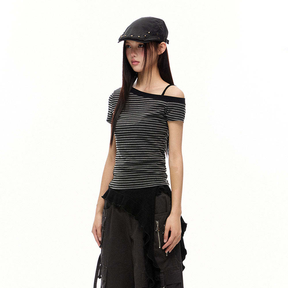 美式漏肩條紋短袖T恤女2025年夏季慵懶風修身顯瘦短款上衣女