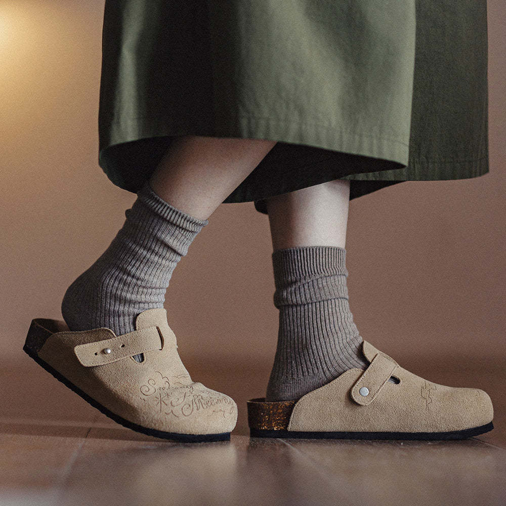 馬登女裝 插畫版穆勒鞋室外軟木休閒包頭凉拖鞋外穿釣魚懶人厚底鞋夏女