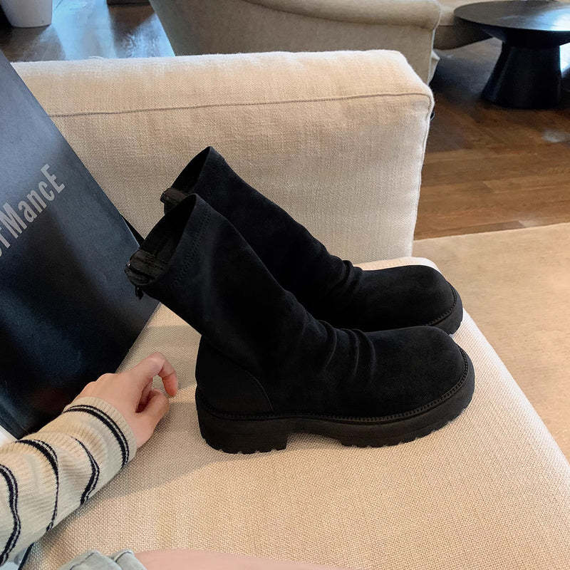 時髦粗跟厚底瘦瘦靴圓頭褶皺後拉鍊堆堆短靴女春秋