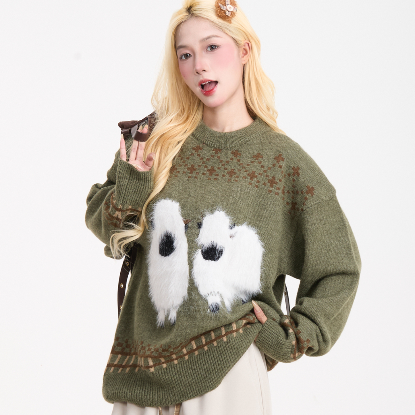 費爾島毛絨小羊毛衣女美式復古慵懶風秋冬寬鬆保暖針織衫