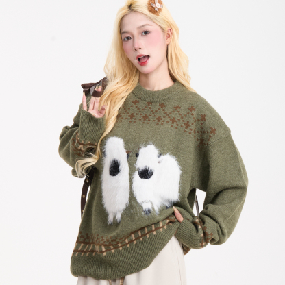 費爾島毛絨小羊毛衣女美式復古慵懶風秋冬寬鬆保暖針織衫