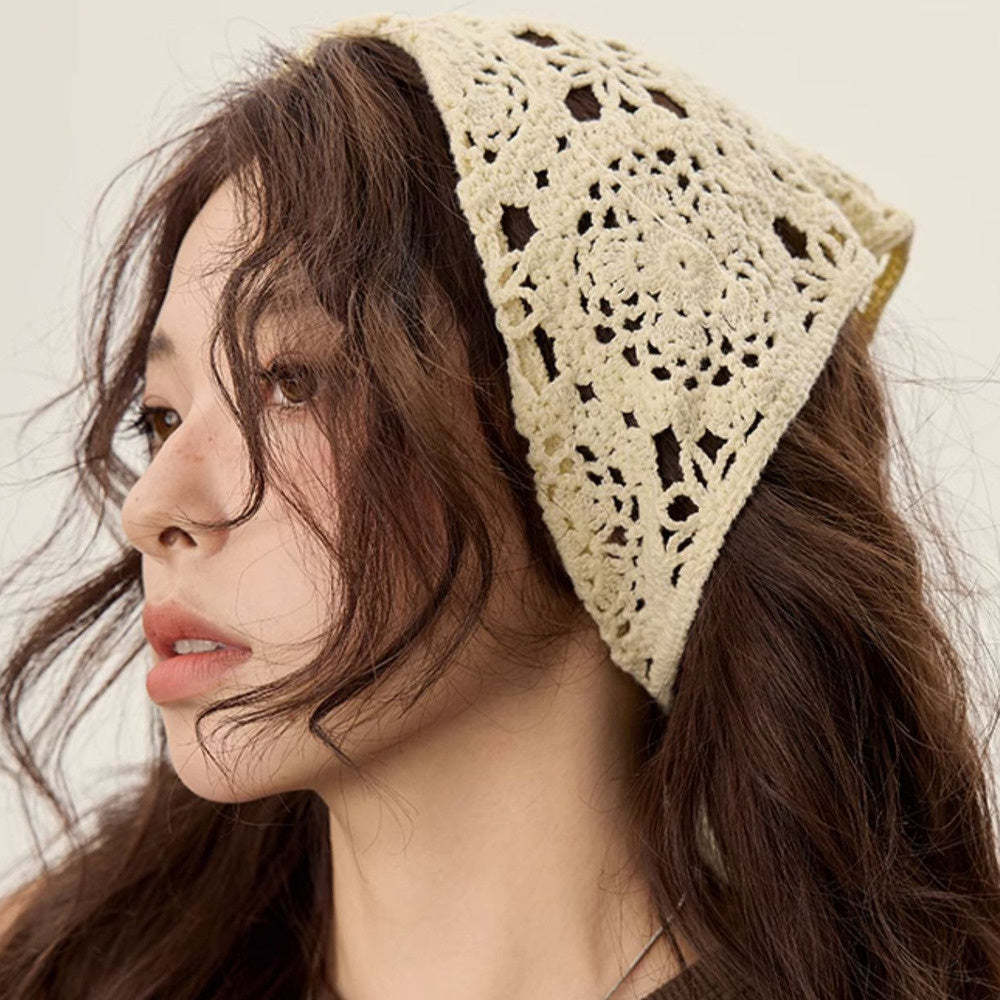 美式復古休閒手工針織發帶女個性棉線鉤花街頭辣妹風三角巾頭巾帽