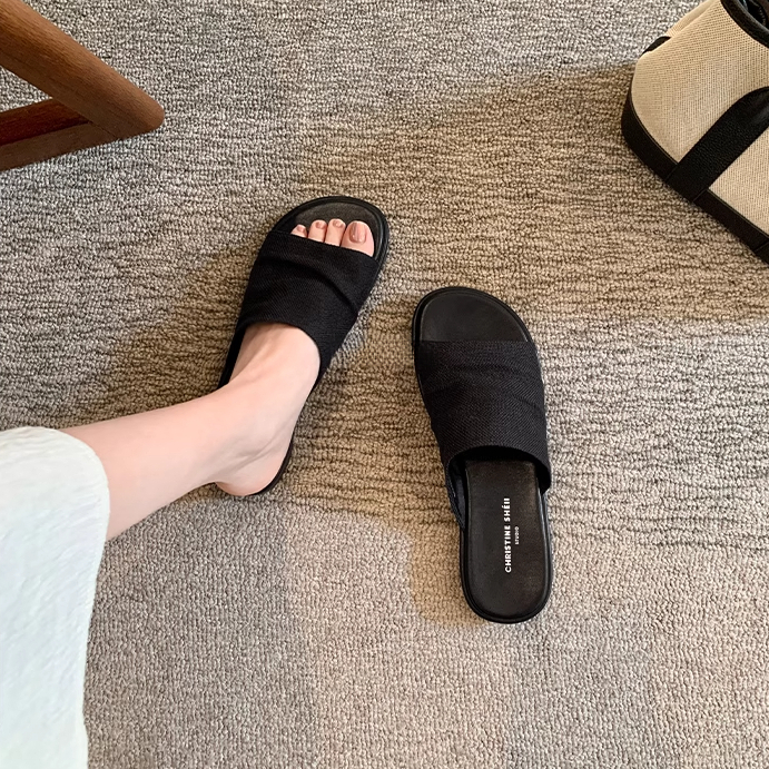 曼谷拖度假風沙灘亞麻褶皺平底涼拖女拖鞋外穿夏