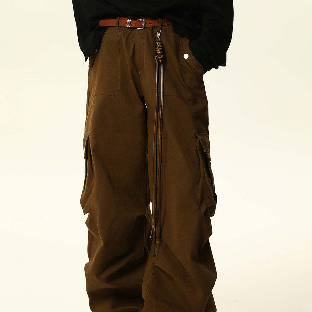 美式復古美拉德深棕色工裝褲女褶皺設計寬鬆拖地休閒褲