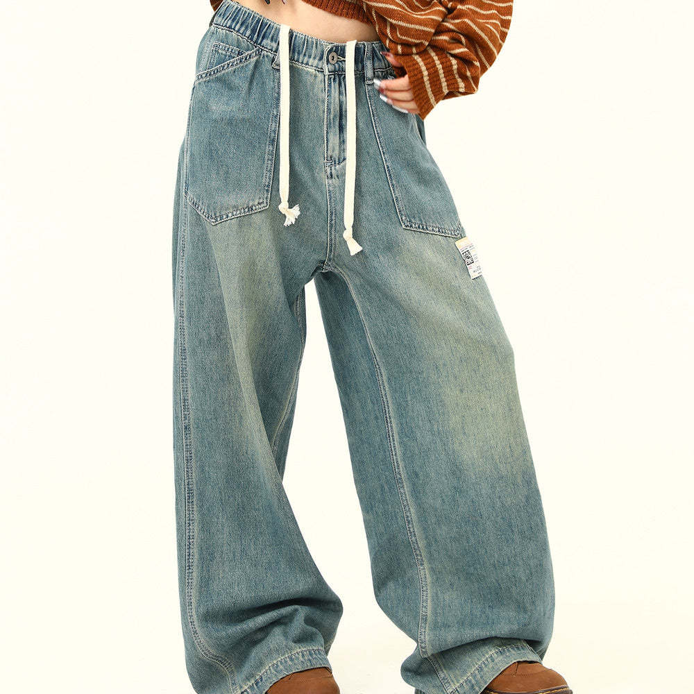 美式復古水洗baggy牛仔褲女秋季潮牌寬鬆直筒百搭老爹褲