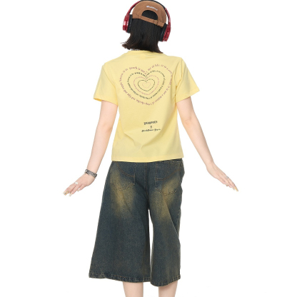 2025新款正肩短袖T恤女夏季潮牌心形印花街頭風潮流短款半袖上衣