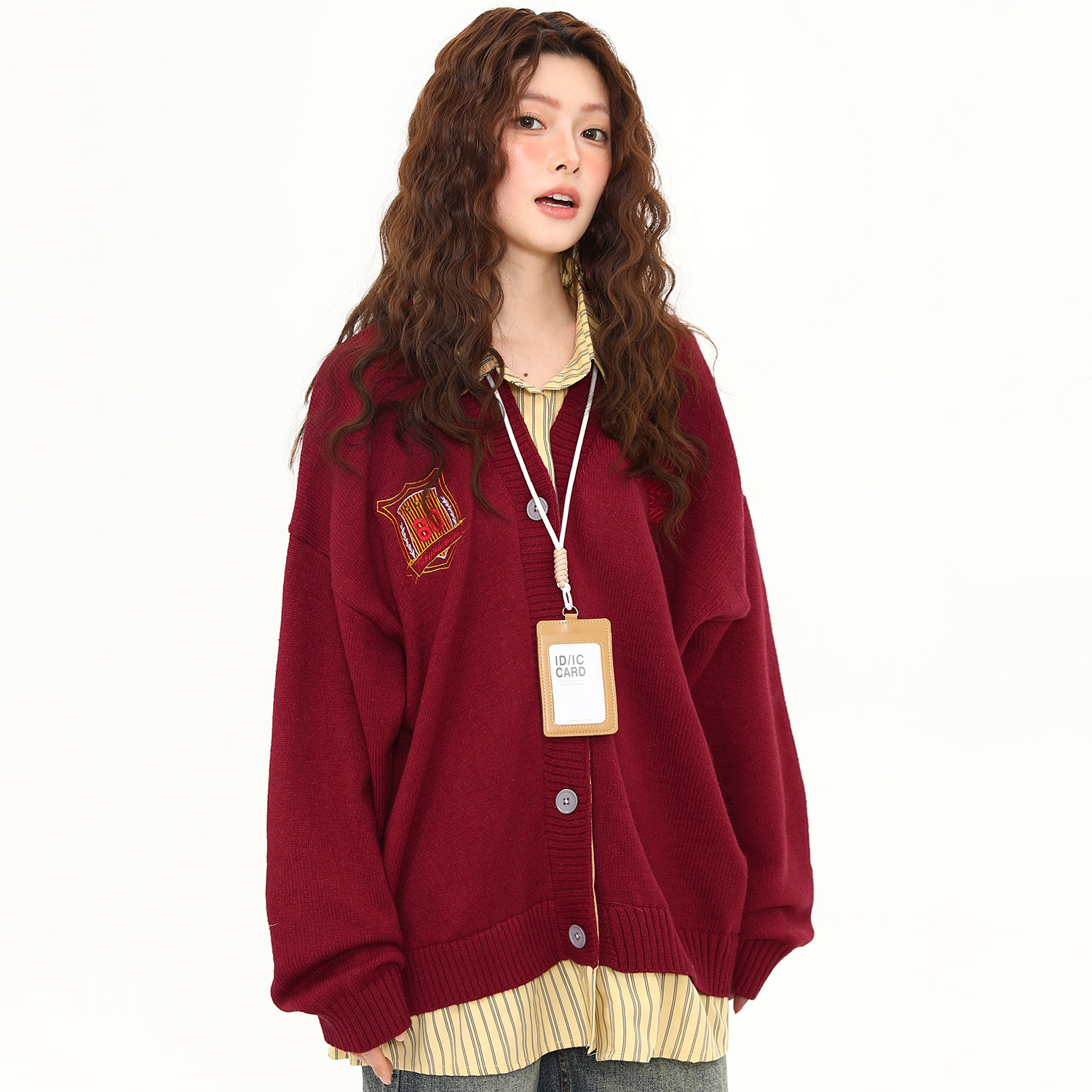 美式假兩件學院風紅色毛衣女開衫慵懶風鬆弛感針織衫外套