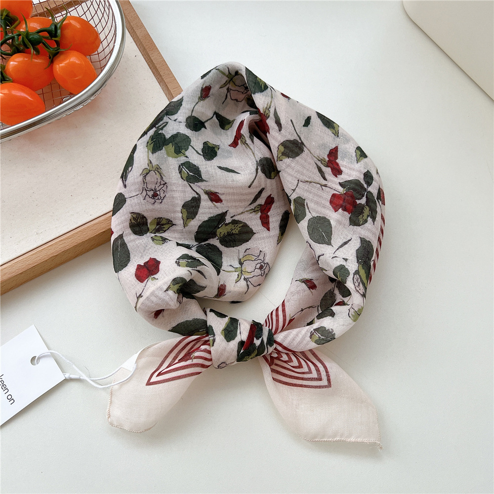 復古田園風高級感絲巾女系脖子時髦百搭領巾棉麻透氣配襯衫小方巾