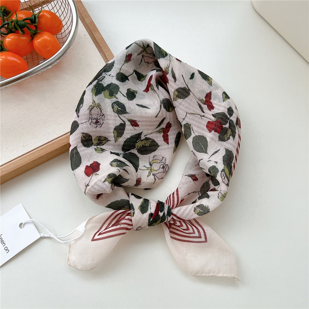 復古田園風高級感絲巾女系脖子時髦百搭領巾棉麻透氣配襯衫小方巾