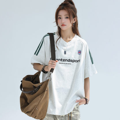 索羅娜美式拼接條紋短袖女t恤夏季字母運動球衣T賉