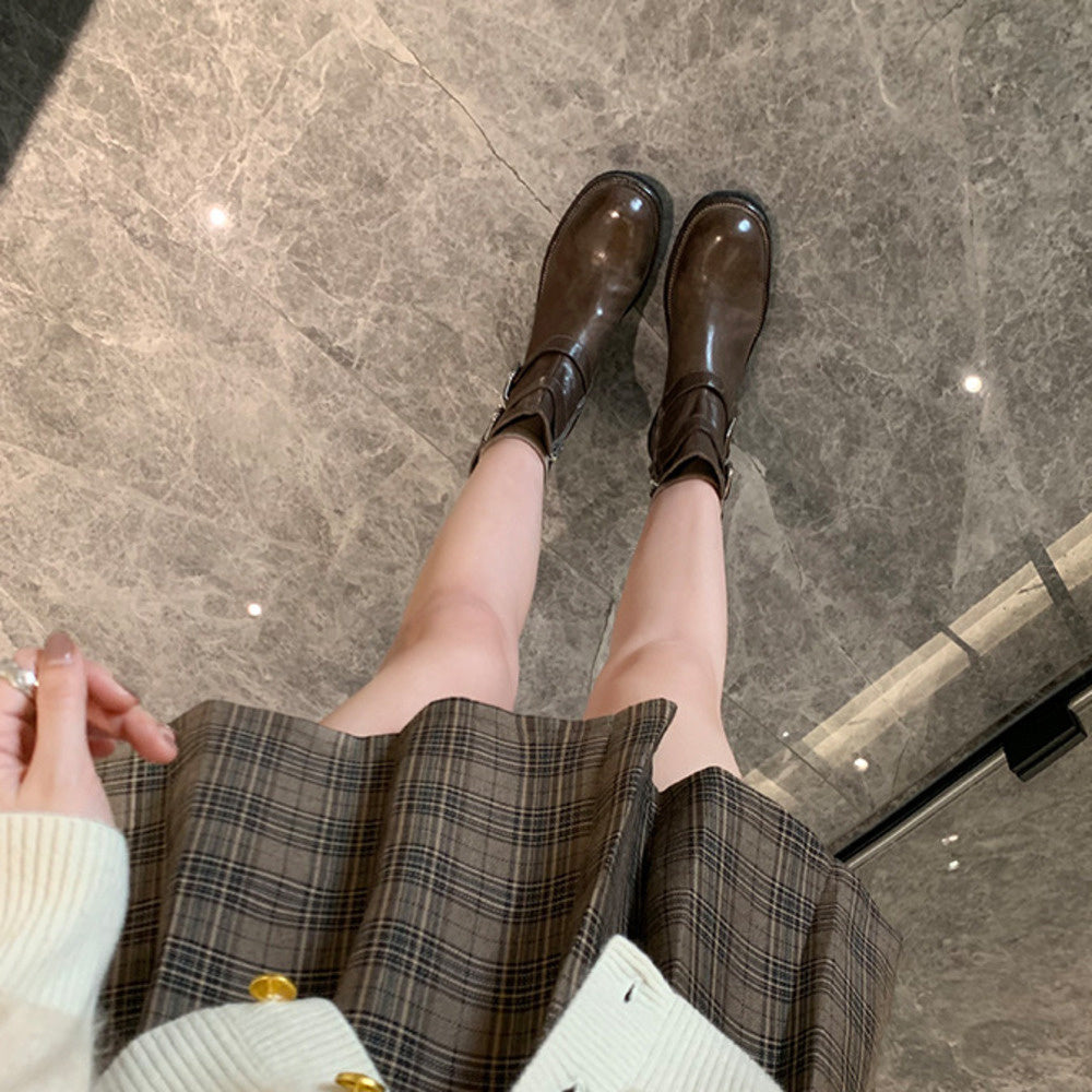 一字扣帶厚底水洗縮紋馬皮瘦瘦短靴女