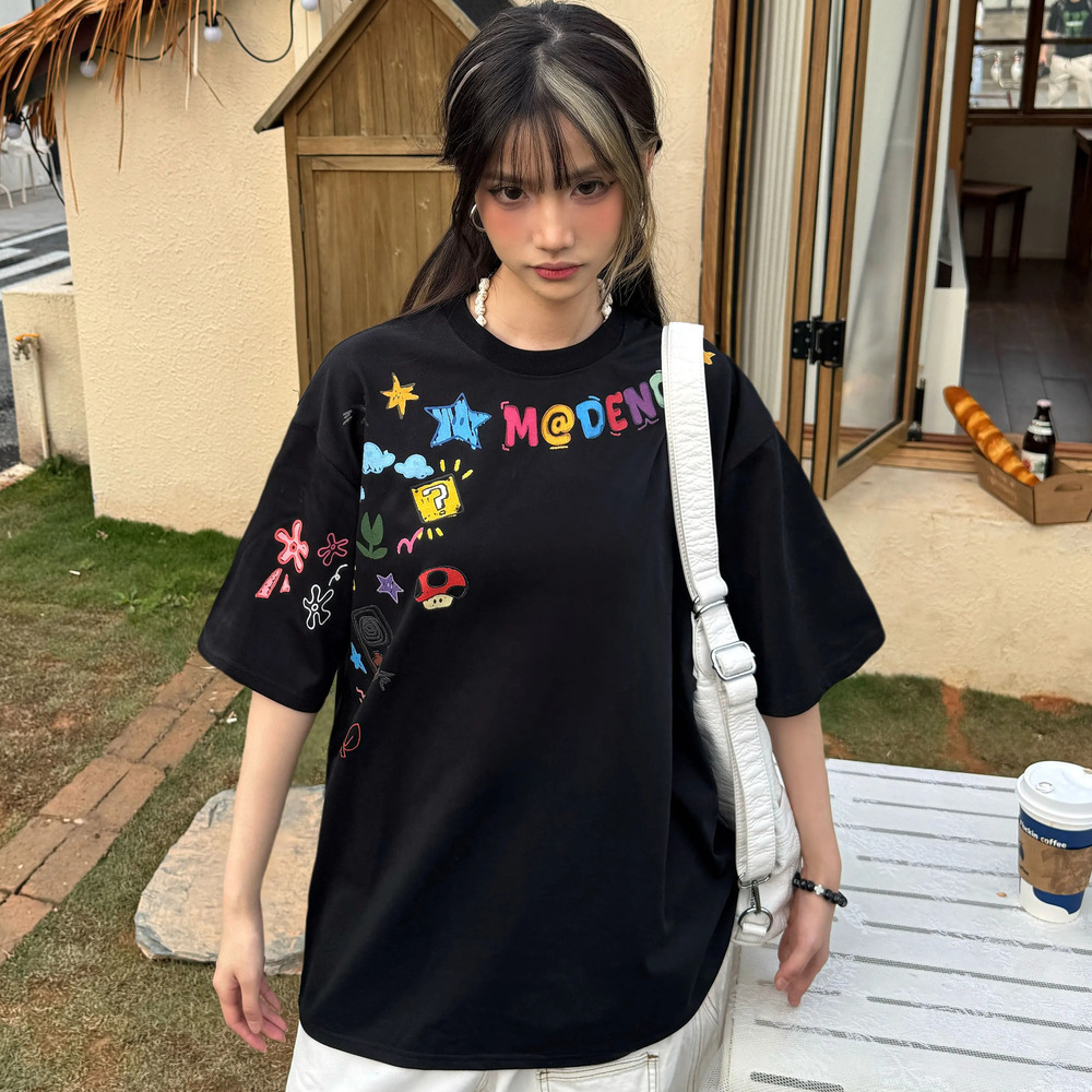 美式手繪塗鴉字母印花短袖女夏季新款寬鬆休閒T恤