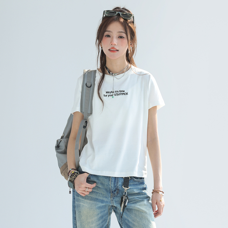 字母刺繡t恤女夏正肩短袖修身顯瘦純棉上衣短款T賉