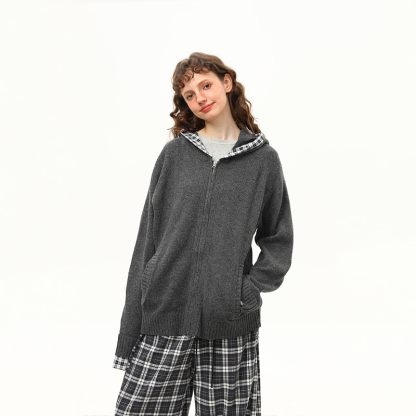 復古慵懶風格紋拼接針織衫毛衣女早秋雙拉鍊開衫外套