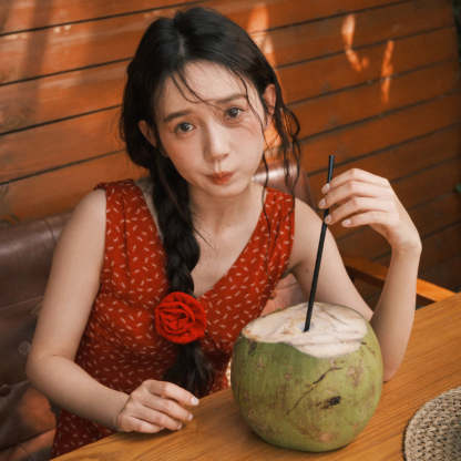 法式復古紅裙修身顯瘦海邊度假氣質碎花V領無袖連衣裙夏