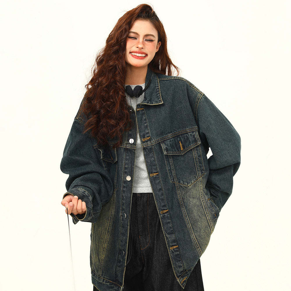 秋季美式街頭水洗復古藍牛仔外套女百搭寬鬆夾克