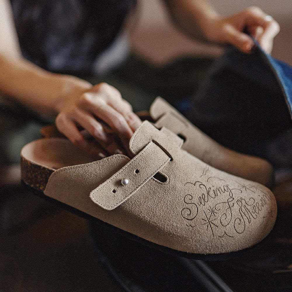 馬登女裝 插畫版穆勒鞋室外軟木休閒包頭凉拖鞋外穿釣魚懶人厚底鞋夏女