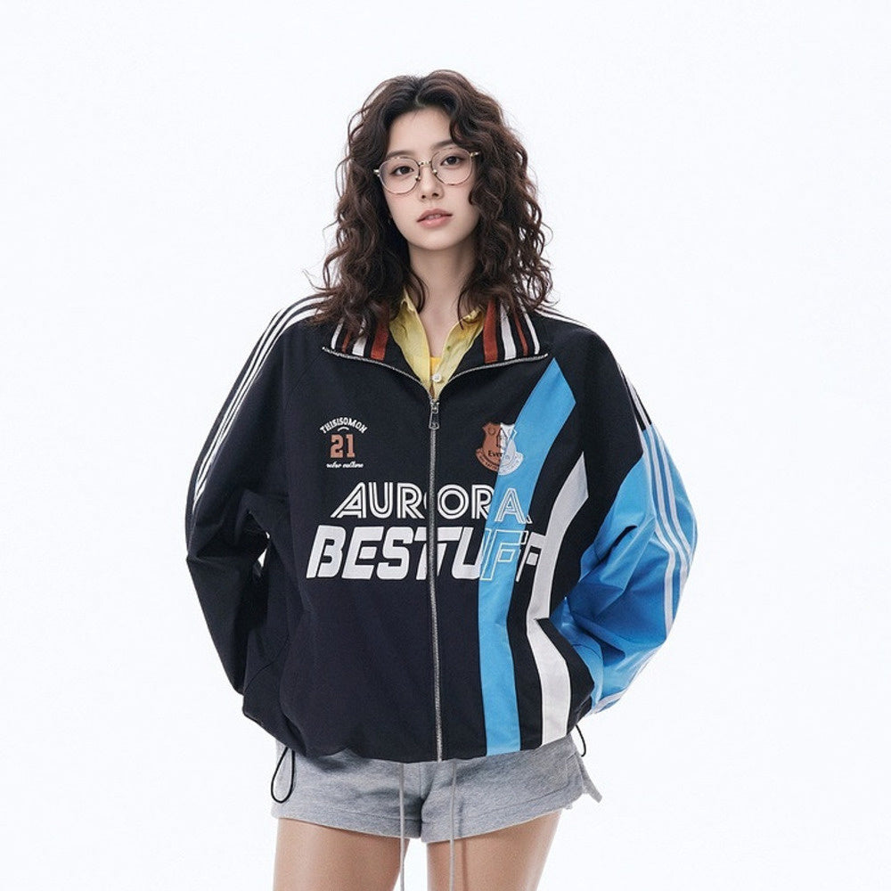 復古拼色運動外套女春季2025新款美式印花夾克寬鬆條紋設計感上衣