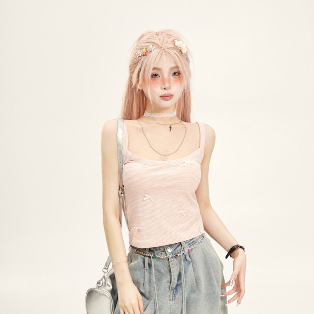 少女感粉色蝴蝶結條紋小吊帶女修身絕美背心2025新款外穿無袖上衣