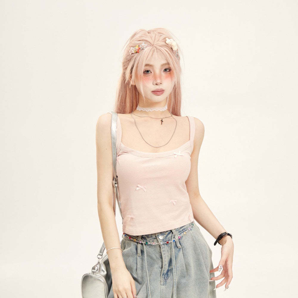 少女感粉色蝴蝶結條紋小吊帶女修身絕美背心2025新款外穿無袖上衣