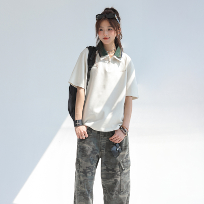 美式復古撞色拼接polo衫短袖t恤女2025新款寬鬆上衣
