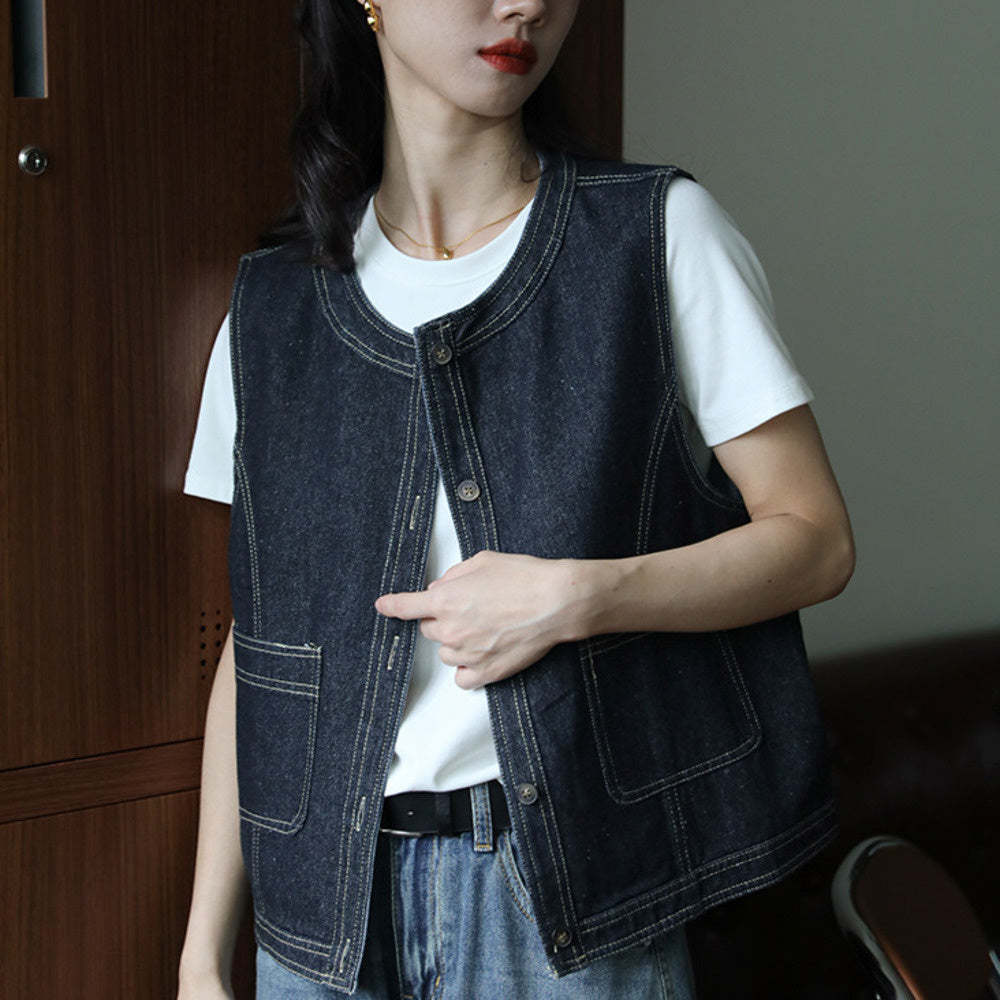 明線復古牛仔馬甲女春秋外套小個子百搭顯瘦短款寬鬆小坎肩外搭